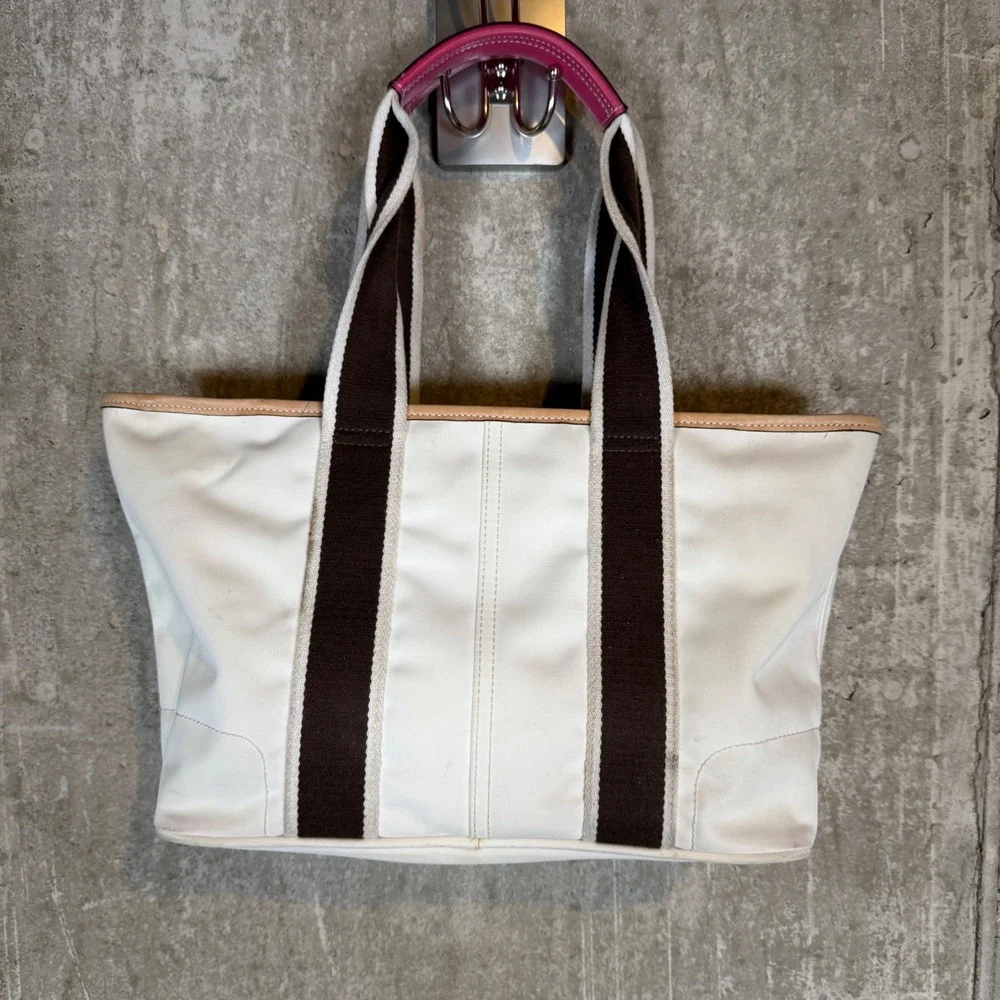 Coach 6261 reversable White Canvas Tote Bag Brown Stripe Pink Leather vtg Y2K - Picture 4 of 7